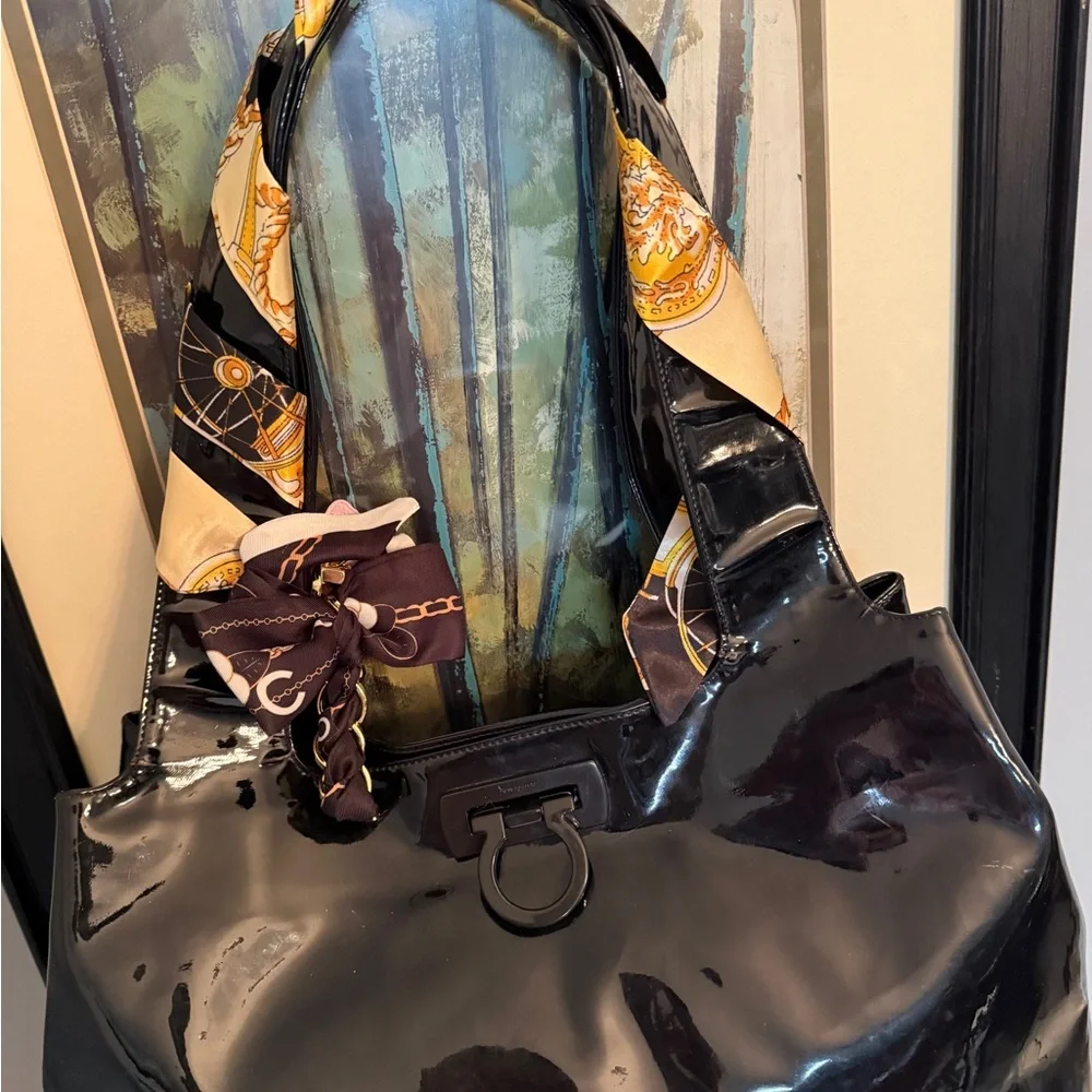 Salvatore Ferragamo Black Patent Leather Gancini LARGE Tote/ Shoulder Bag